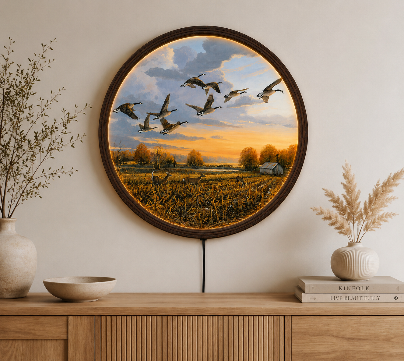 Flying Geese Sunset LED Round Wall Art – Rustic Farmhouse Home Decor