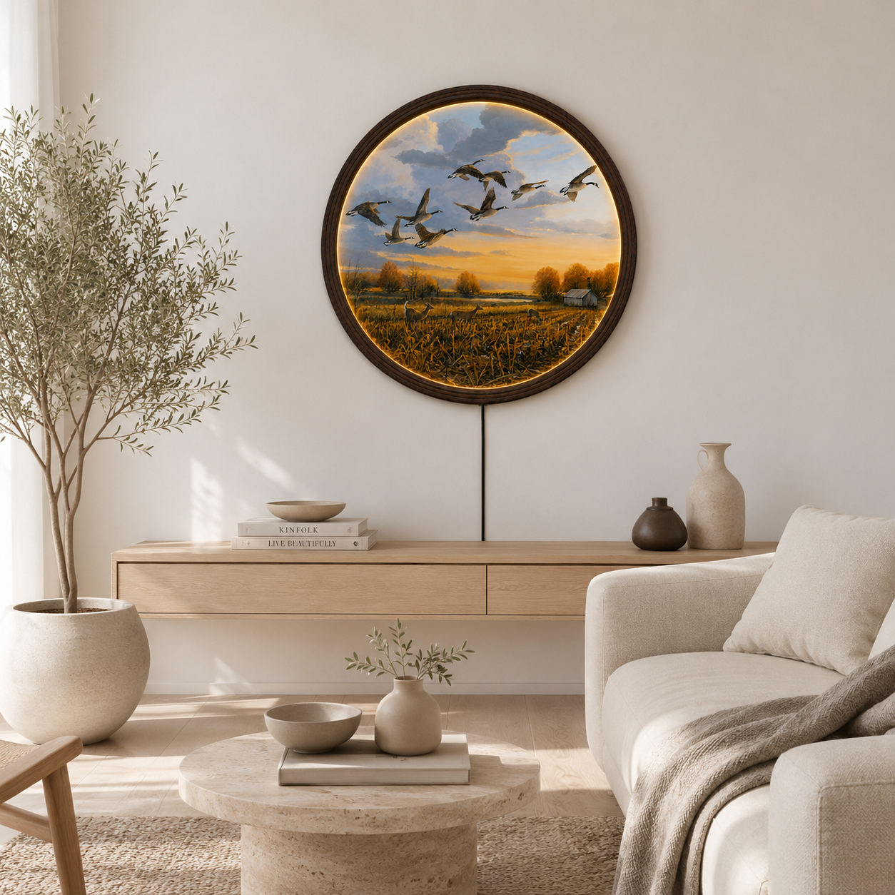 Flying Geese Sunset LED Round Wall Art – Rustic Farmhouse Home Decor