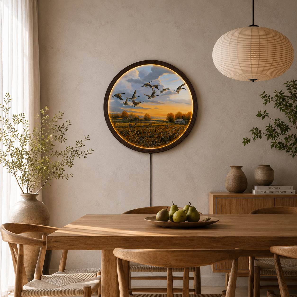 Flying Geese Sunset LED Round Wall Art – Rustic Farmhouse Home Decor