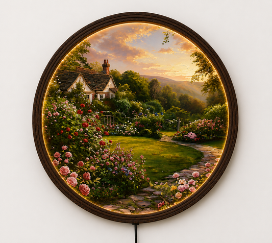 Enchanted Cottage Garden LED Wall Art – Round Illuminated Landscape Wall Decor with Wooden Frame