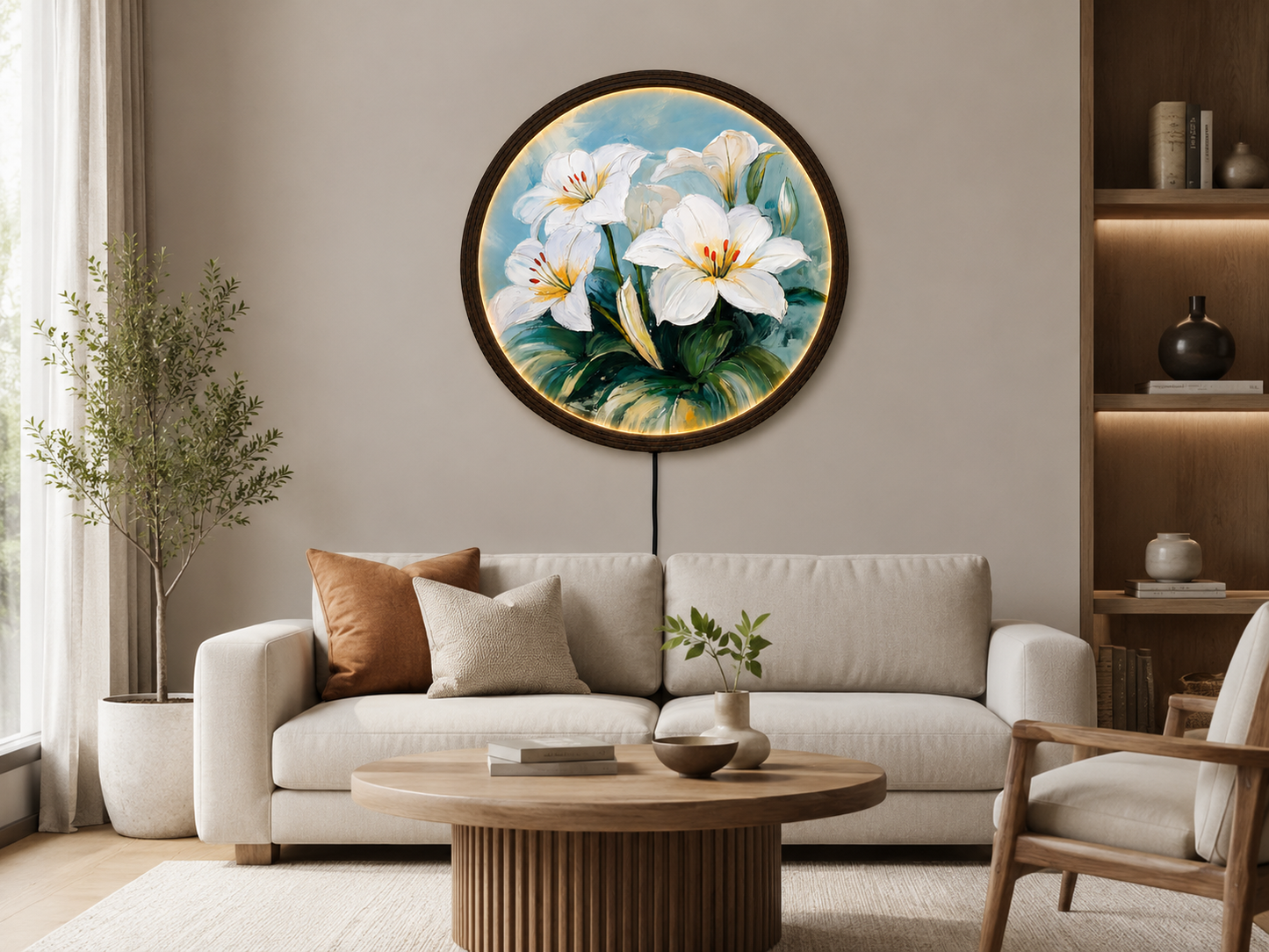 White Lily LED Round Wall Art – Illuminated Floral Canvas Wall Decor with Wooden Frame for Living Room & Bedroom