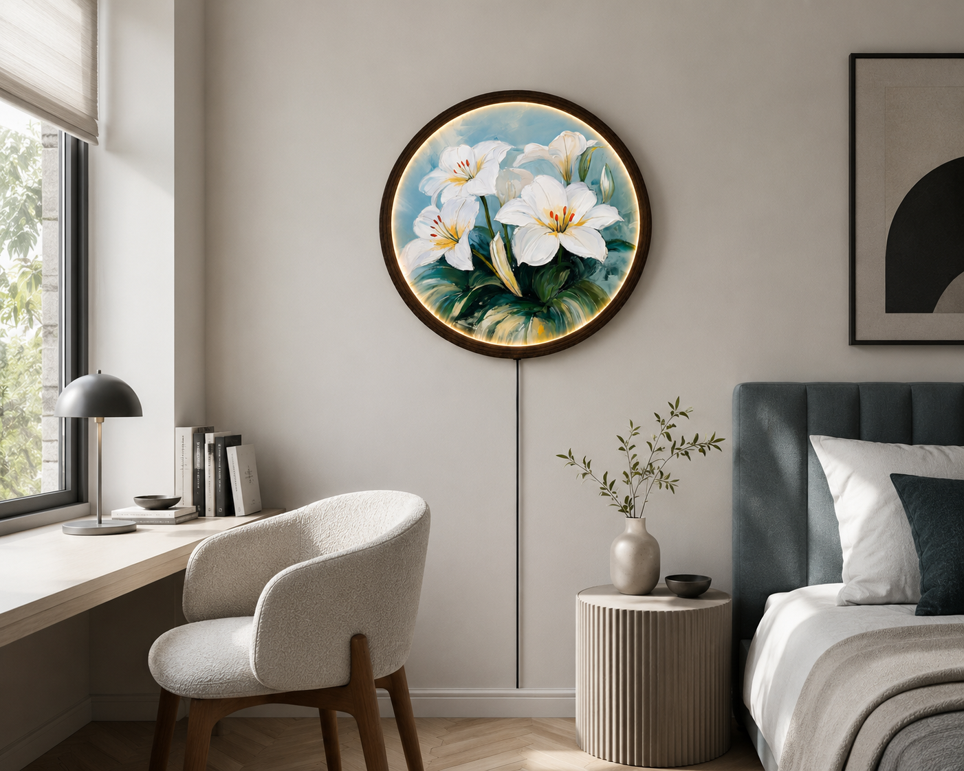 White Lily LED Round Wall Art – Illuminated Floral Canvas Wall Decor with Wooden Frame for Living Room & Bedroom