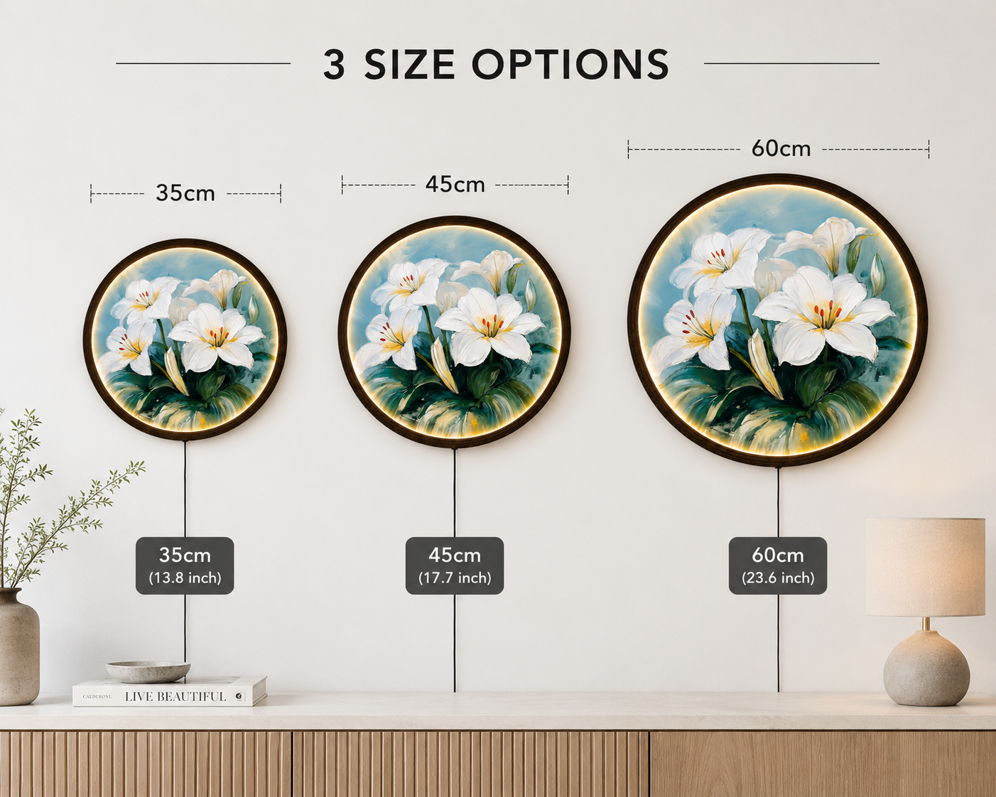 White Lily LED Round Wall Art – Illuminated Floral Canvas Wall Decor with Wooden Frame for Living Room & Bedroom