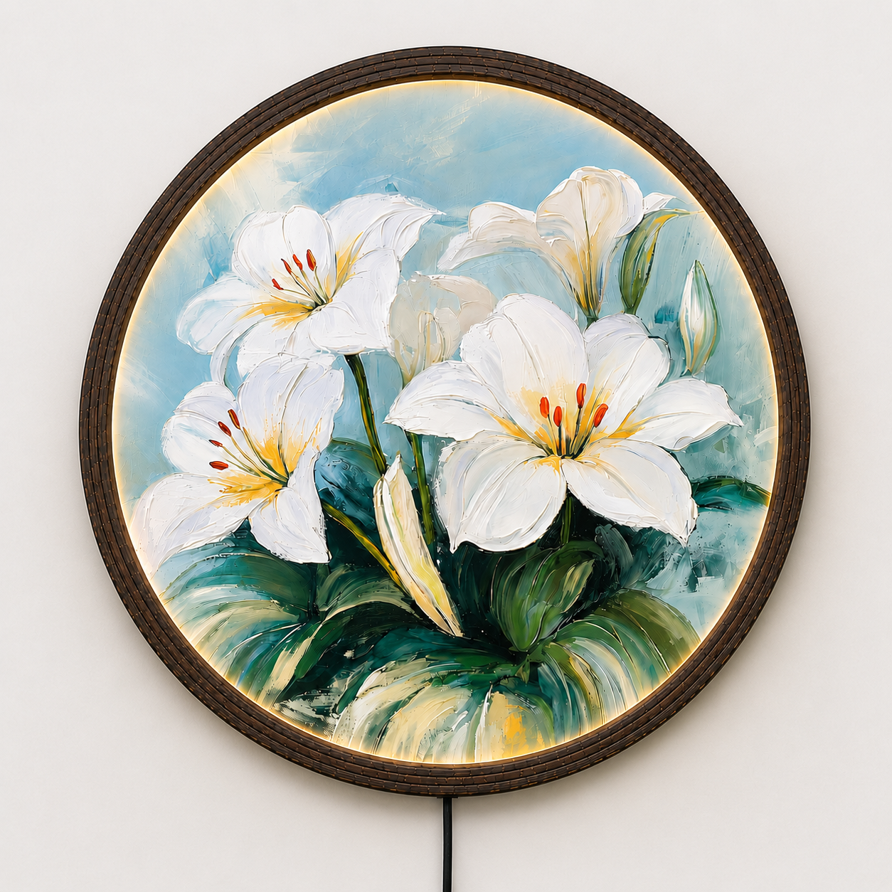 White Lily LED Round Wall Art – Illuminated Floral Canvas Wall Decor with Wooden Frame for Living Room & Bedroom