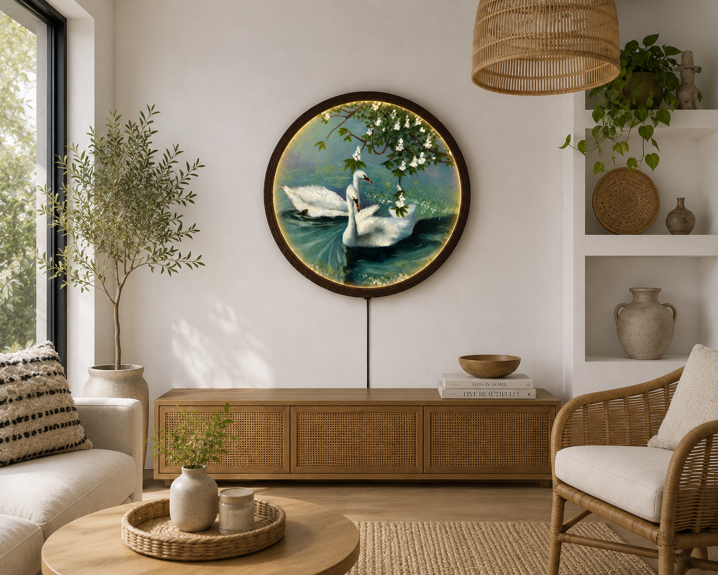 Elegant Swan Lake LED Round Wall Art – Luxury Lighted Home Decor