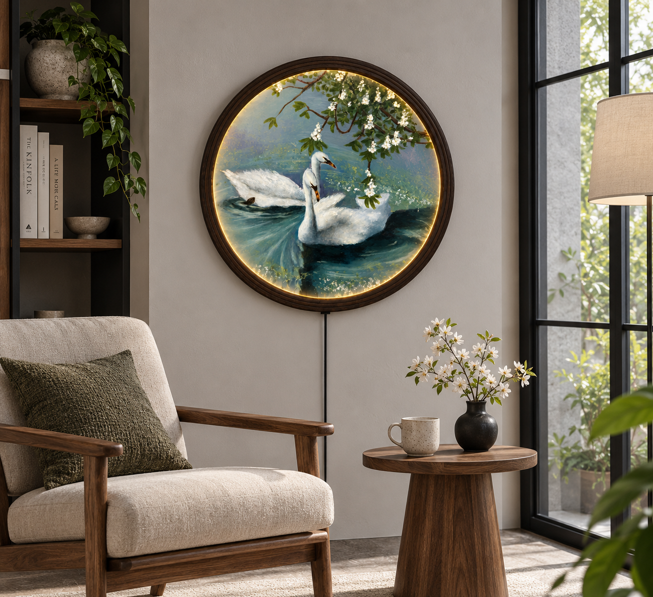 Elegant Swan Lake LED Round Wall Art – Luxury Lighted Home Decor