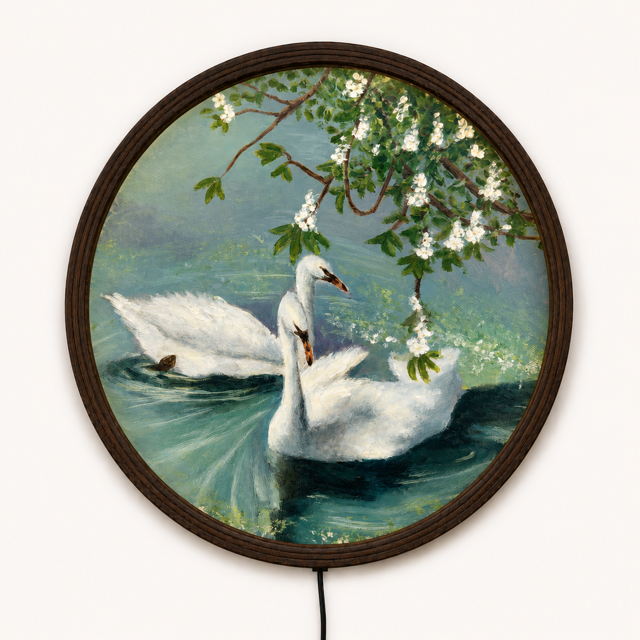 Elegant Swan Lake LED Round Wall Art – Luxury Lighted Home Decor