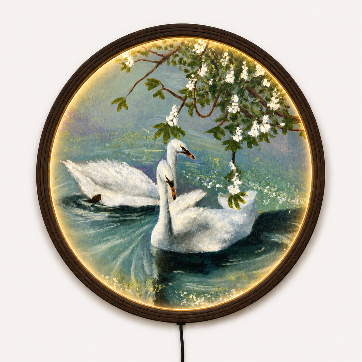 Elegant Swan Lake LED Round Wall Art – Luxury Lighted Home Decor