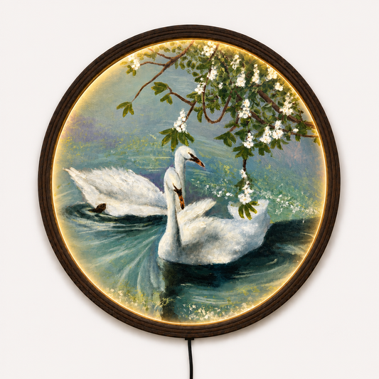 Elegant Swan Lake LED Round Wall Art – Luxury Lighted Home Decor