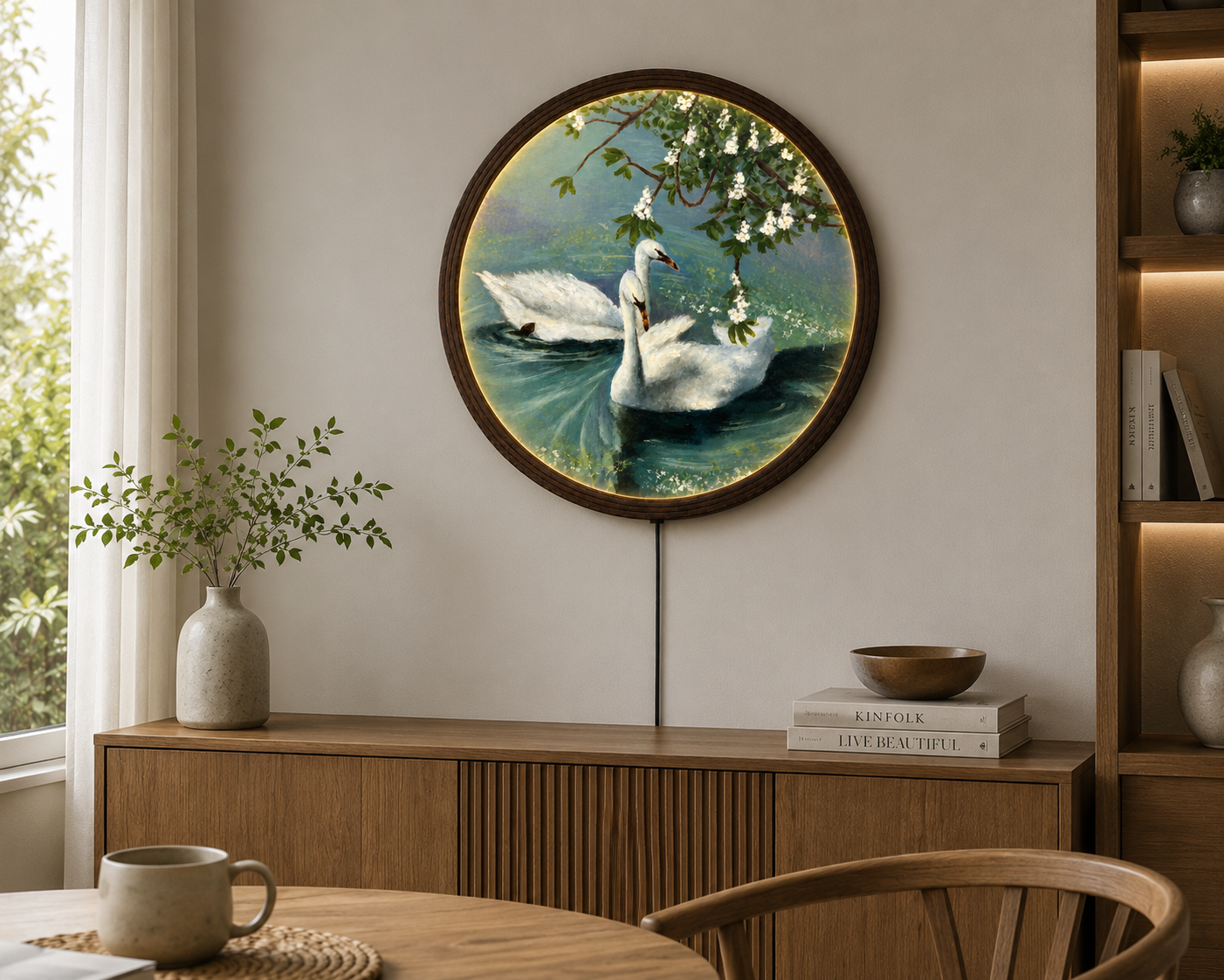 Elegant Swan Lake LED Round Wall Art – Luxury Lighted Home Decor