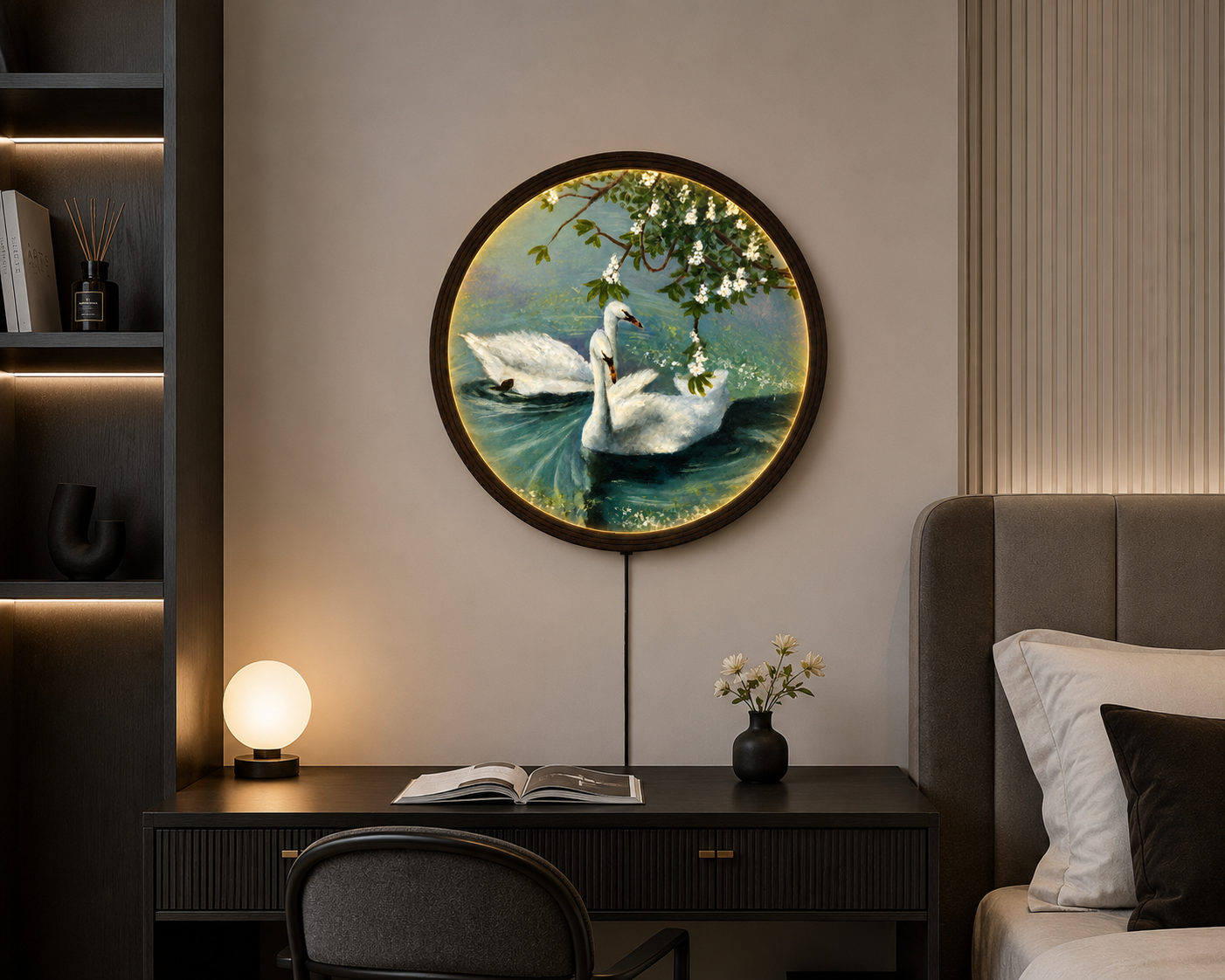 Elegant Swan Lake LED Round Wall Art – Luxury Lighted Home Decor