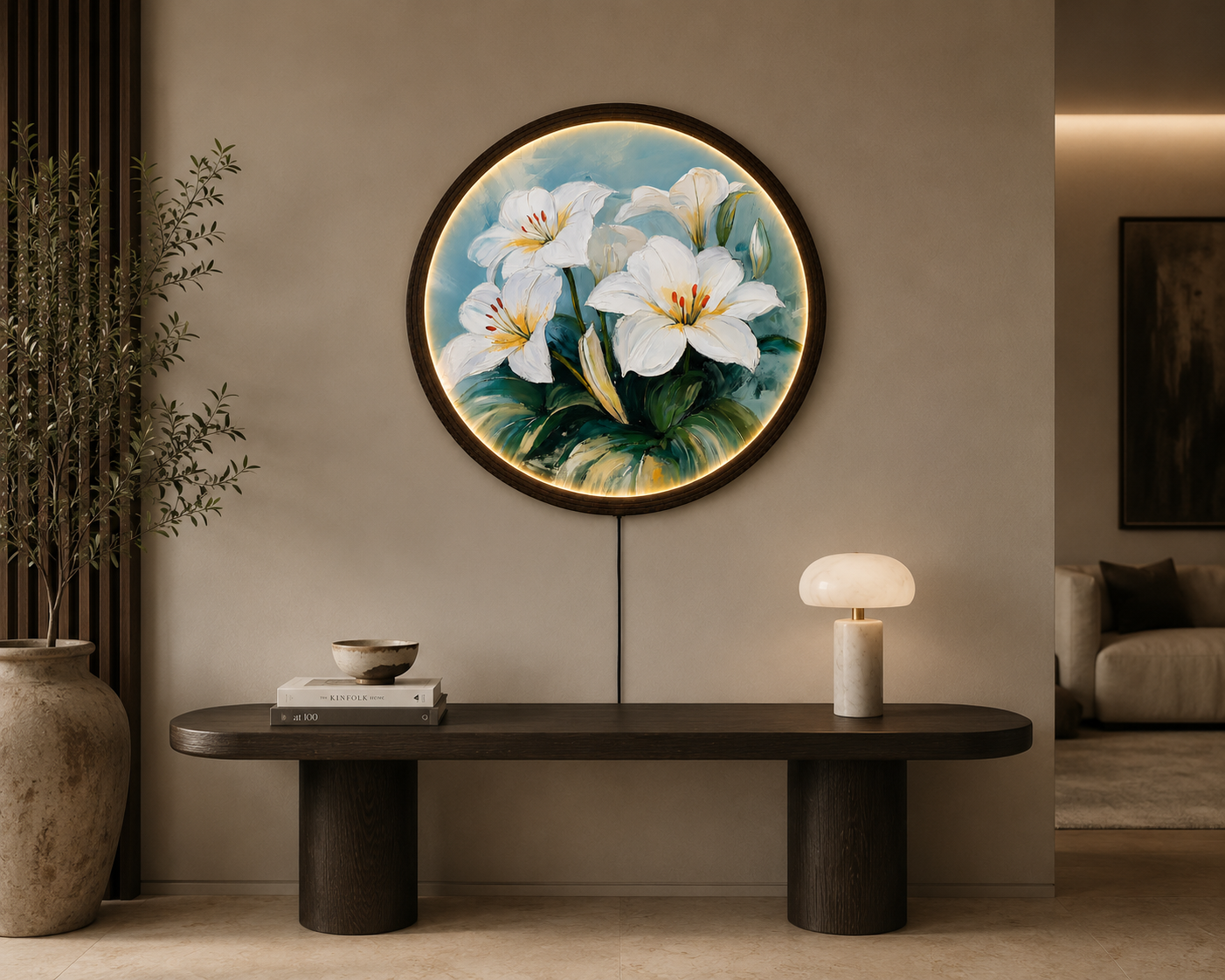 White Lily LED Round Wall Art – Illuminated Floral Canvas Wall Decor with Wooden Frame for Living Room & Bedroom