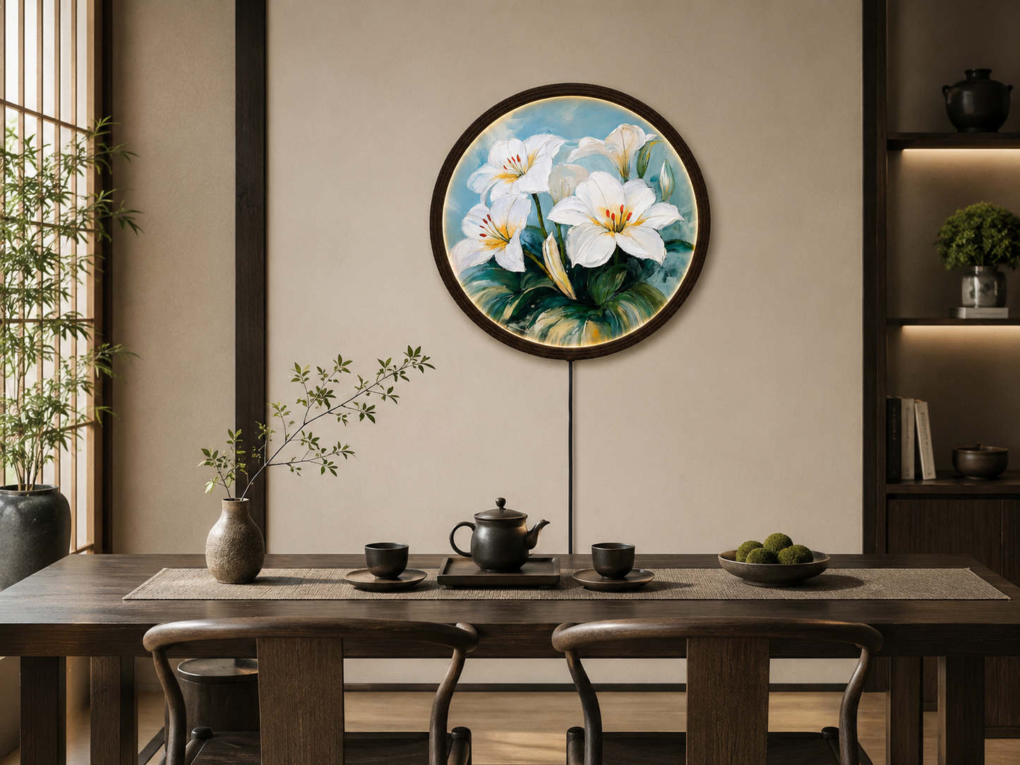 White Lily LED Round Wall Art – Illuminated Floral Canvas Wall Decor with Wooden Frame for Living Room & Bedroom
