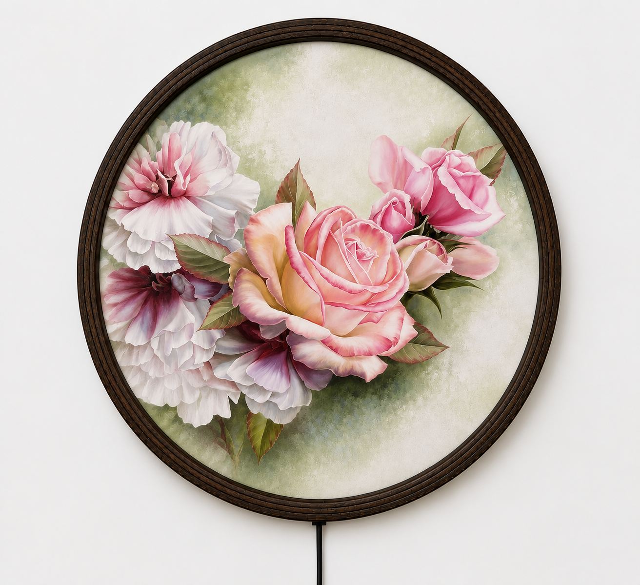 Elegant Blush Rose LED Round Wall Art – Modern Floral Lighted Wall Decor with Wooden Frame