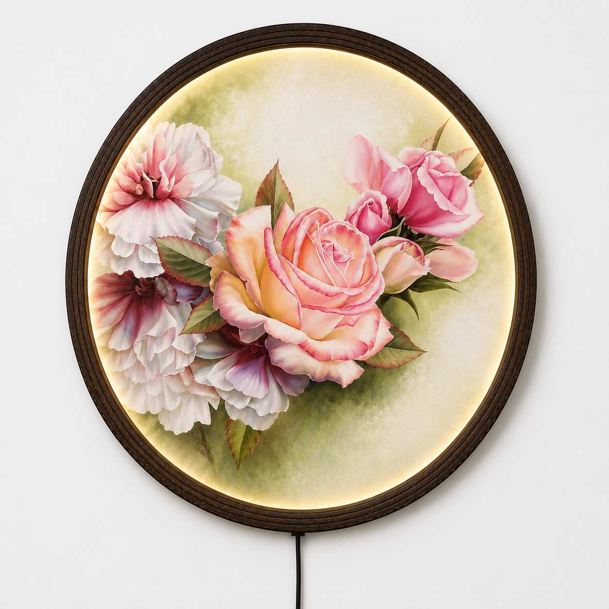 Elegant Blush Rose LED Round Wall Art – Modern Floral Lighted Wall Decor with Wooden Frame
