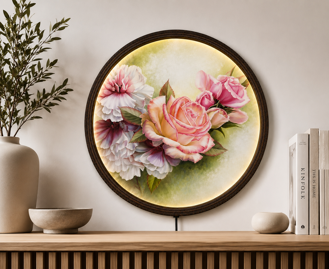 Elegant Blush Rose LED Round Wall Art – Modern Floral Lighted Wall Decor with Wooden Frame