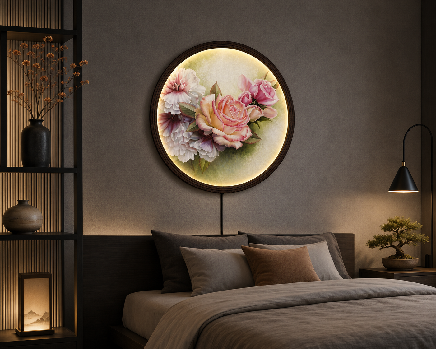 Elegant Blush Rose LED Round Wall Art – Modern Floral Lighted Wall Decor with Wooden Frame