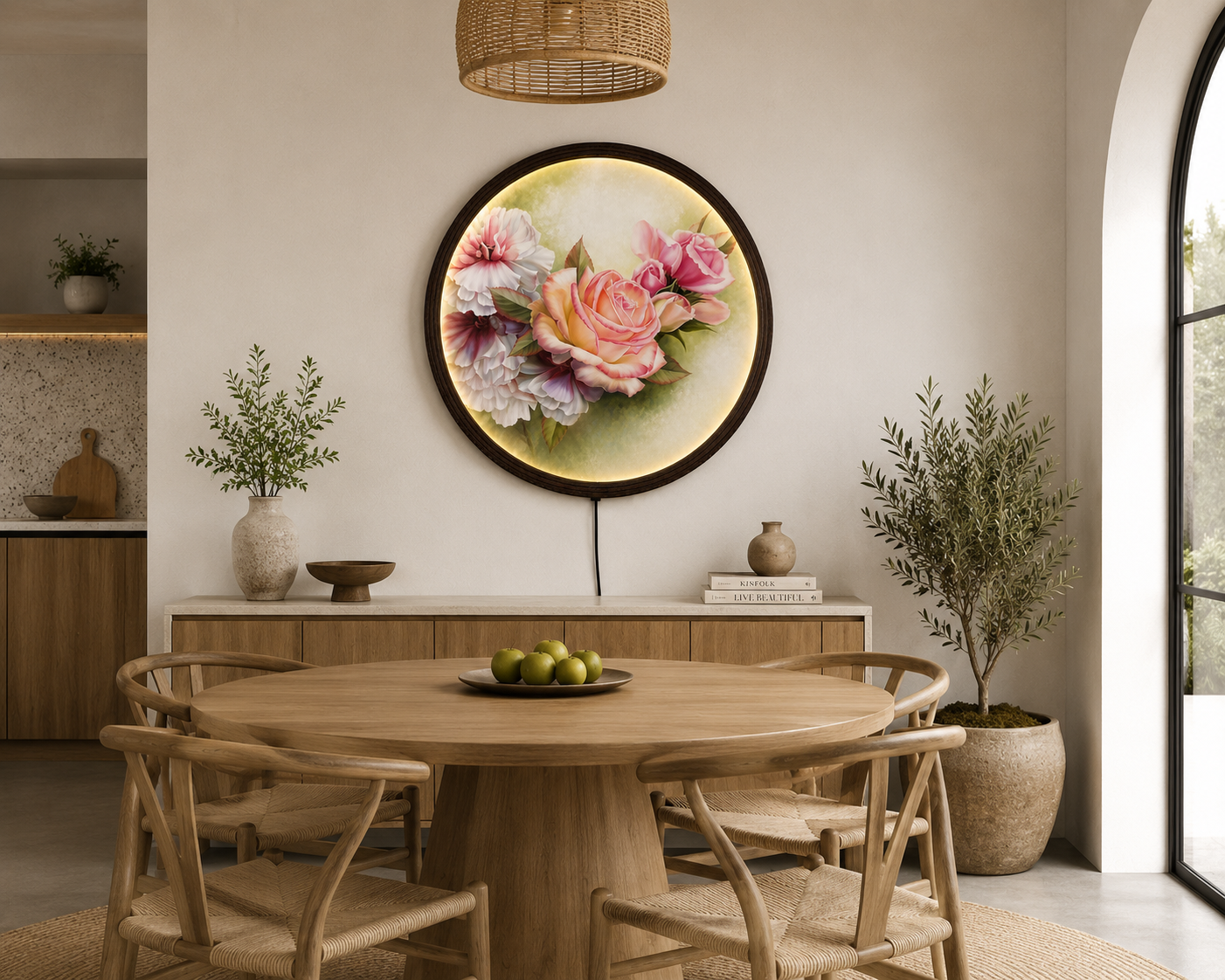 Elegant Blush Rose LED Round Wall Art – Modern Floral Lighted Wall Decor with Wooden Frame