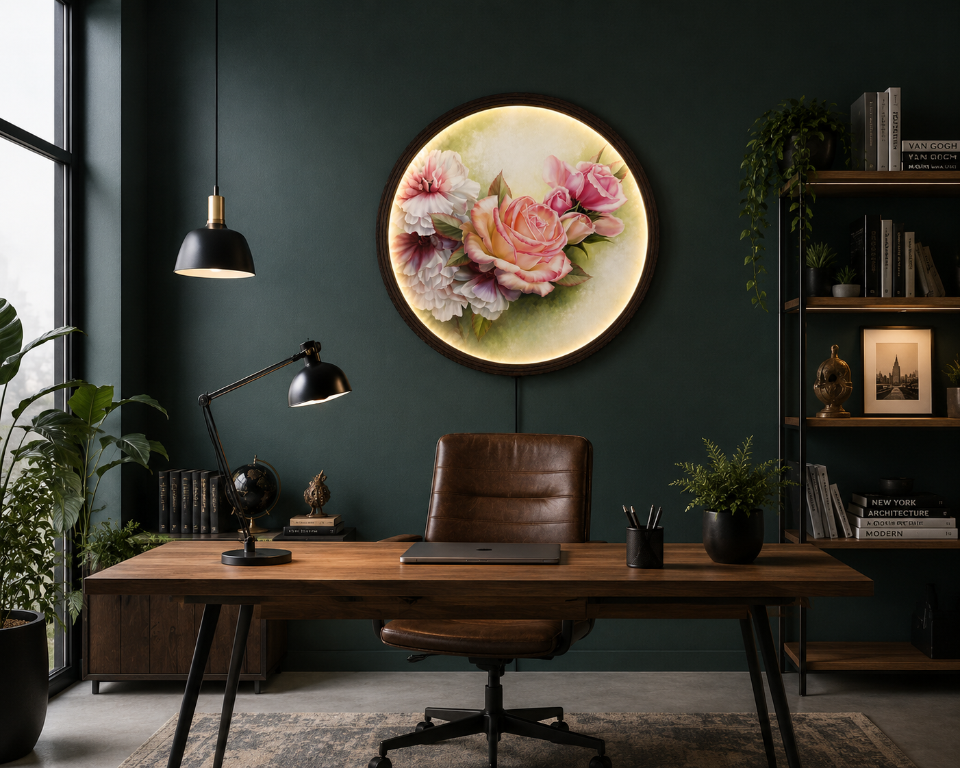 Elegant Blush Rose LED Round Wall Art – Modern Floral Lighted Wall Decor with Wooden Frame