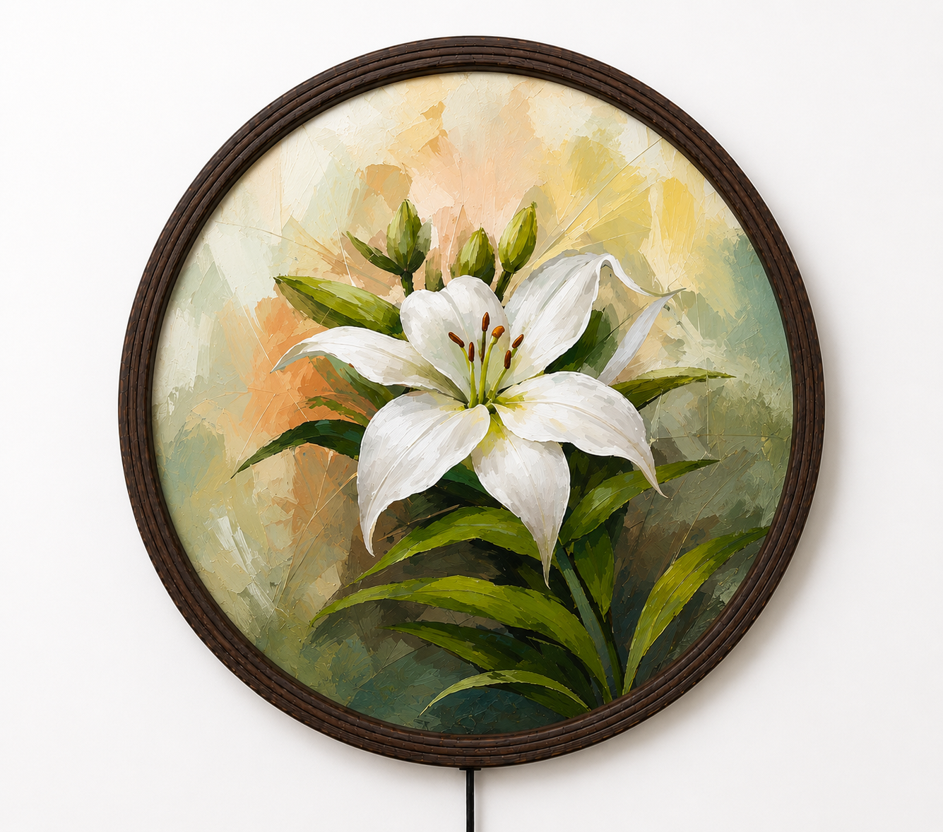 White Lily LED Round Wall Art – Modern Illuminated Floral Home Decor