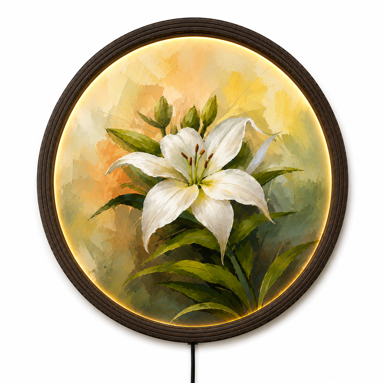 White Lily LED Round Wall Art – Modern Illuminated Floral Home Decor