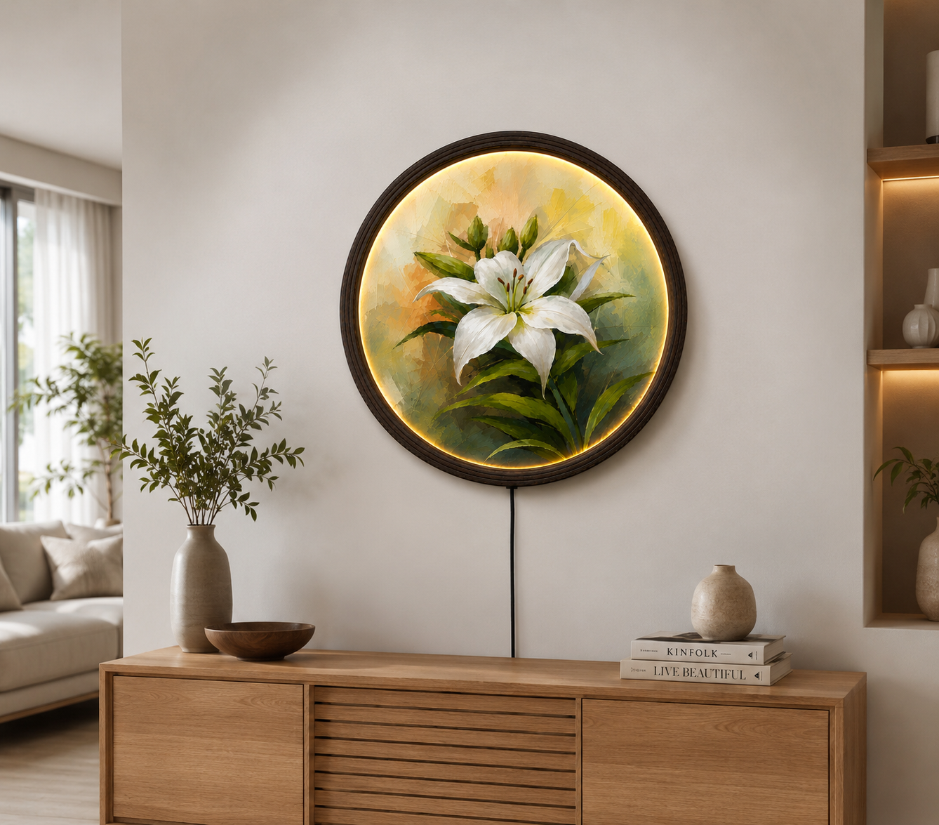 White Lily LED Round Wall Art – Modern Illuminated Floral Home Decor