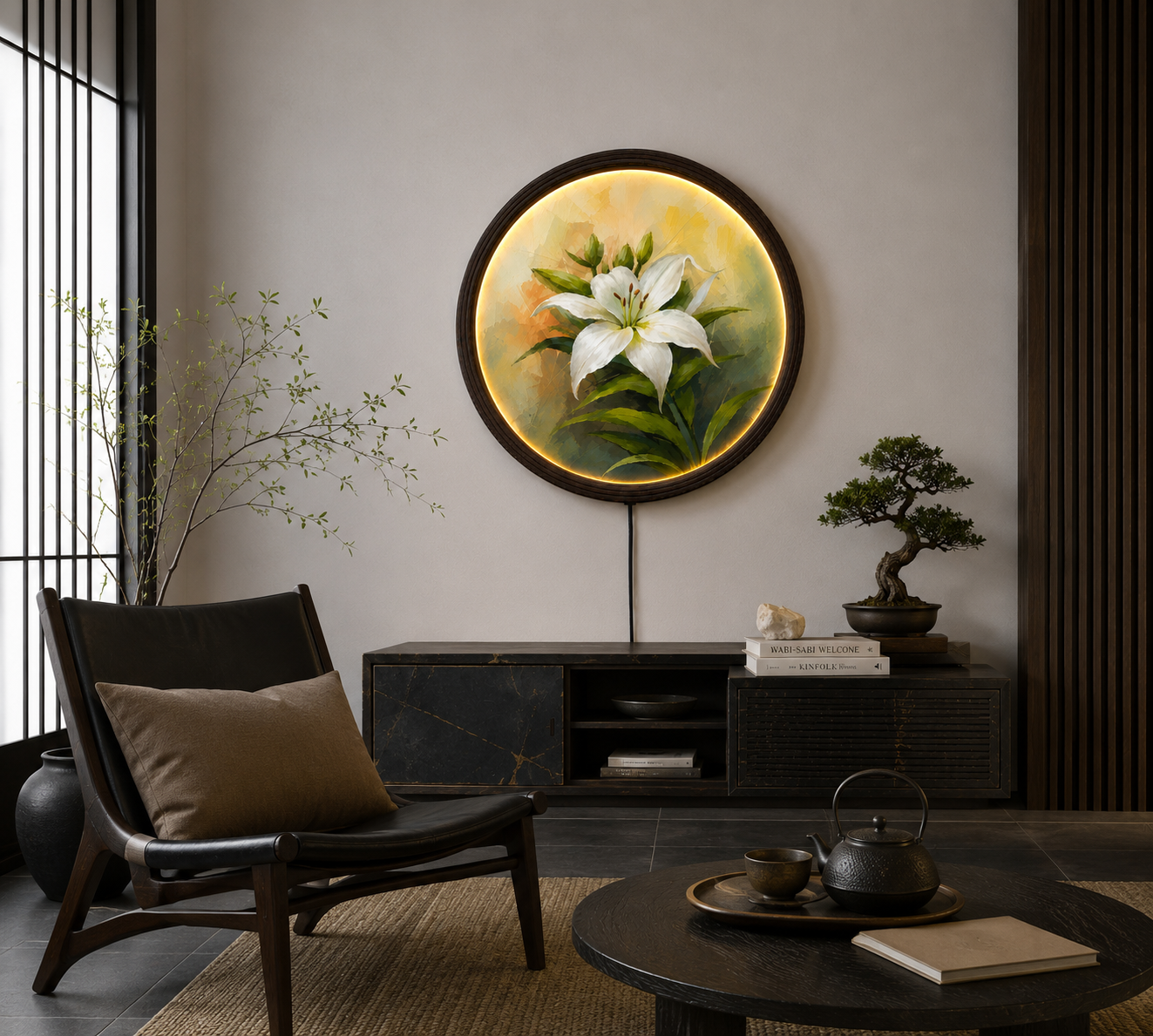 White Lily LED Round Wall Art – Modern Illuminated Floral Home Decor