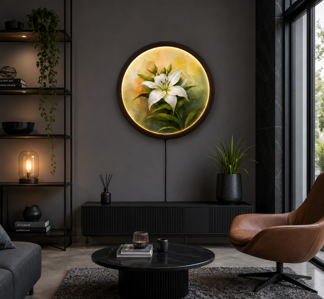 White Lily LED Round Wall Art – Modern Illuminated Floral Home Decor