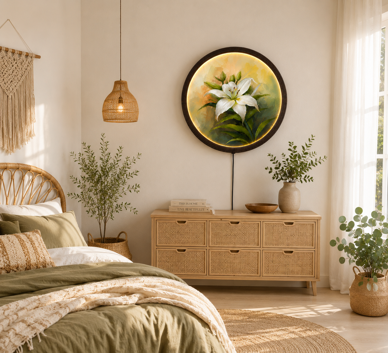 White Lily LED Round Wall Art – Modern Illuminated Floral Home Decor