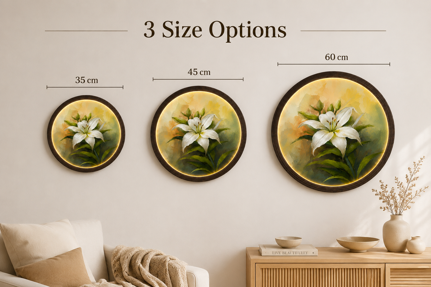 White Lily LED Round Wall Art – Modern Illuminated Floral Home Decor