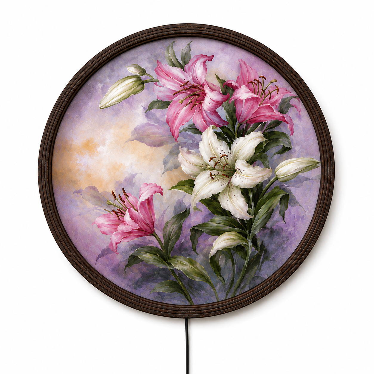 Pink & White Lily LED Round Wall Art – Illuminated Floral Wall Decor, Modern Botanical Acrylic Wall Hanging for Living Room & Bedroom