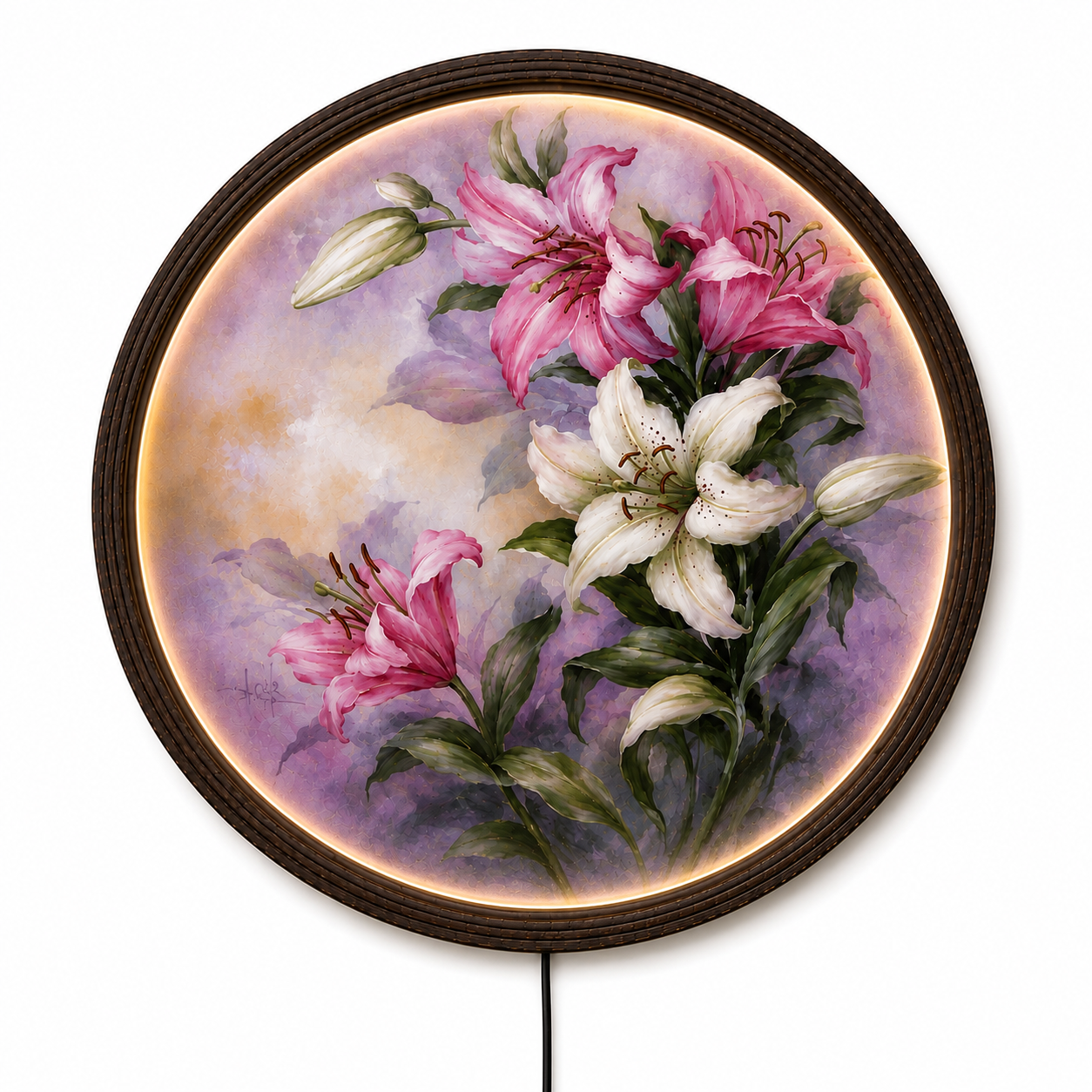 Pink & White Lily LED Round Wall Art – Illuminated Floral Wall Decor, Modern Botanical Acrylic Wall Hanging for Living Room & Bedroom