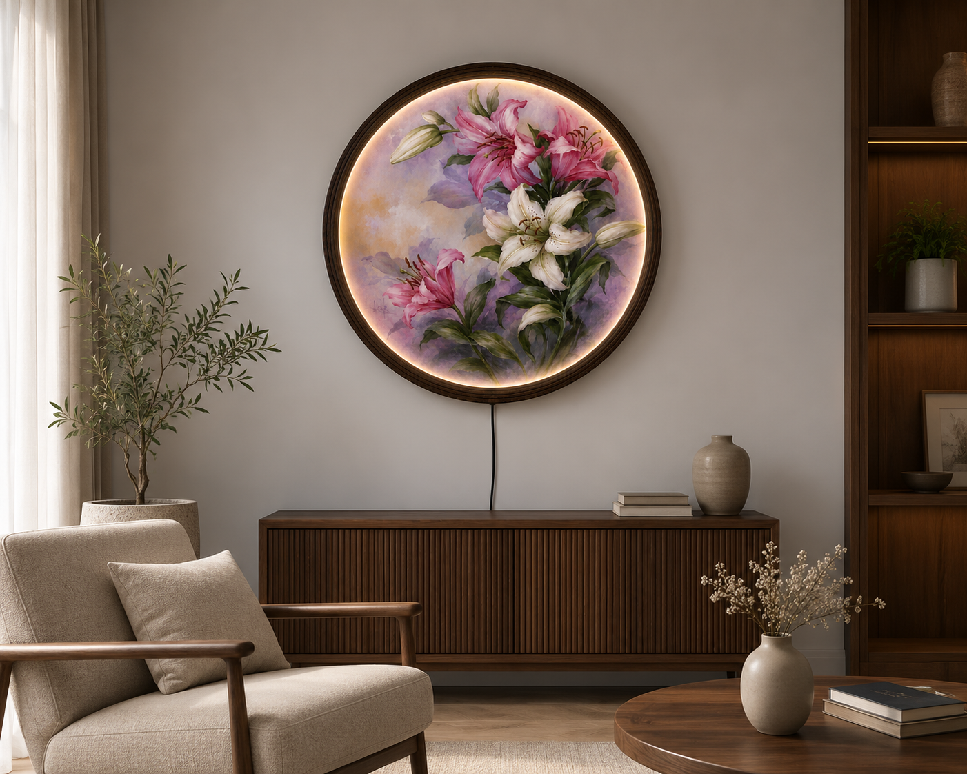 Pink & White Lily LED Round Wall Art – Illuminated Floral Wall Decor, Modern Botanical Acrylic Wall Hanging for Living Room & Bedroom