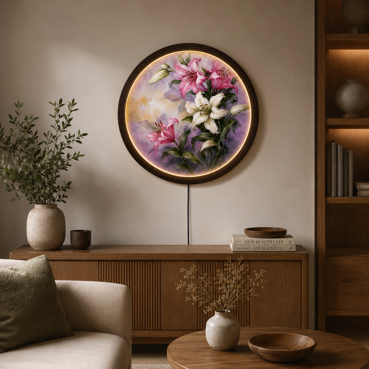 Pink & White Lily LED Round Wall Art – Illuminated Floral Wall Decor, Modern Botanical Acrylic Wall Hanging for Living Room & Bedroom