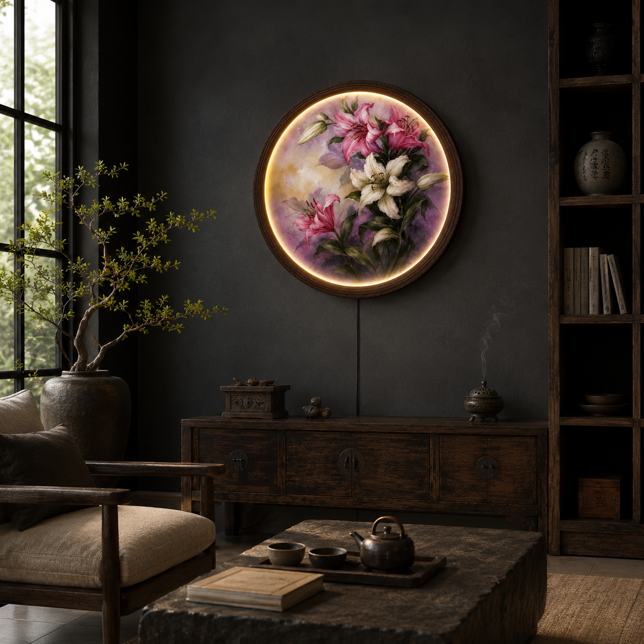 Pink & White Lily LED Round Wall Art – Illuminated Floral Wall Decor, Modern Botanical Acrylic Wall Hanging for Living Room & Bedroom