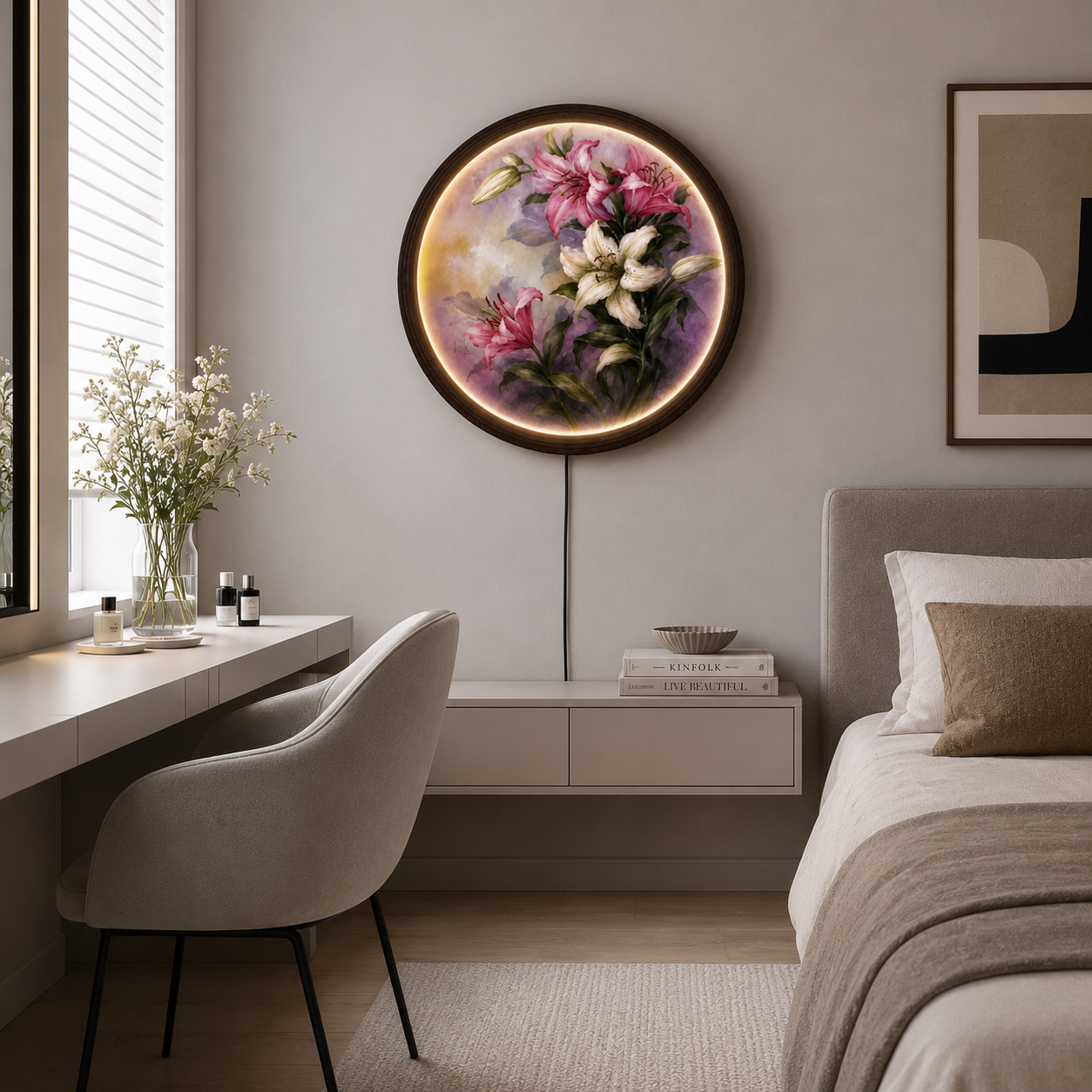 Pink & White Lily LED Round Wall Art – Illuminated Floral Wall Decor, Modern Botanical Acrylic Wall Hanging for Living Room & Bedroom