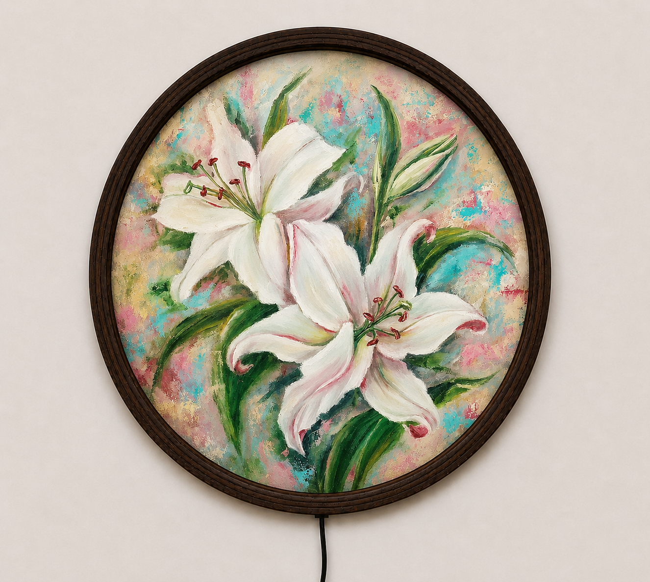 Elegant White Lily LED Round Wall Art – Illuminated Floral Wall Decor, Modern Botanical Hanging Light, Luxury Home Decor Gift