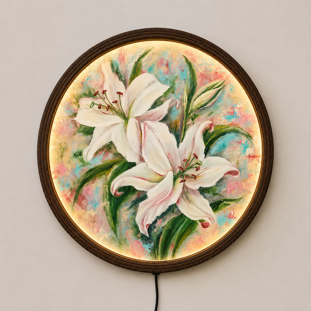 Elegant White Lily LED Round Wall Art – Illuminated Floral Wall Decor, Modern Botanical Hanging Light, Luxury Home Decor Gift
