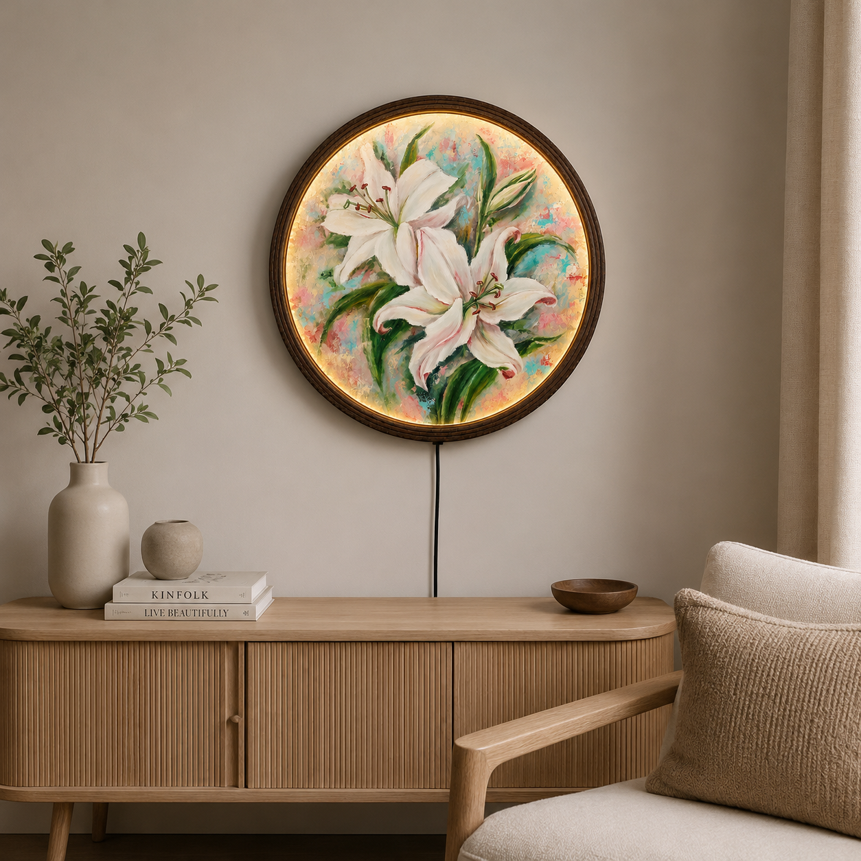 Elegant White Lily LED Round Wall Art – Illuminated Floral Wall Decor, Modern Botanical Hanging Light, Luxury Home Decor Gift