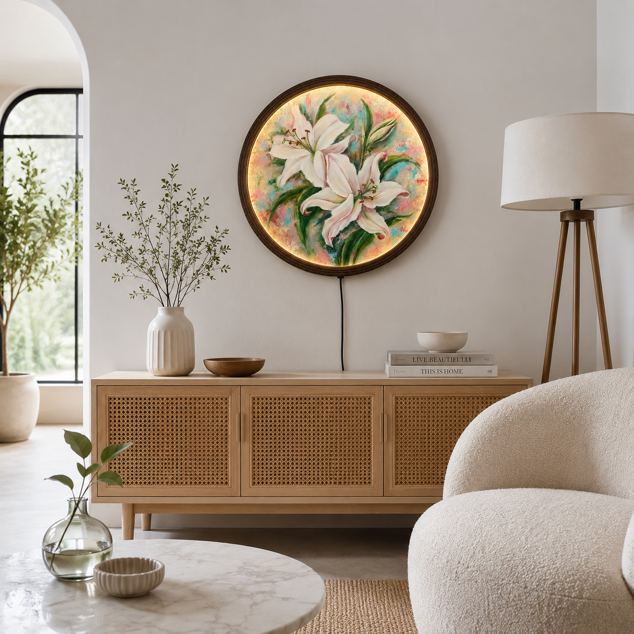 Elegant White Lily LED Round Wall Art – Illuminated Floral Wall Decor, Modern Botanical Hanging Light, Luxury Home Decor Gift