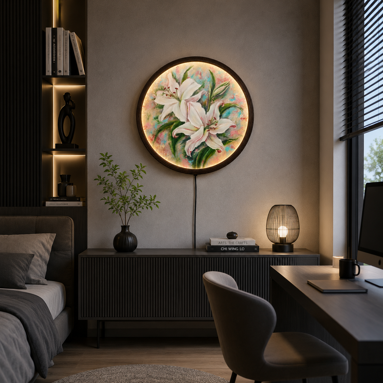 Elegant White Lily LED Round Wall Art – Illuminated Floral Wall Decor, Modern Botanical Hanging Light, Luxury Home Decor Gift