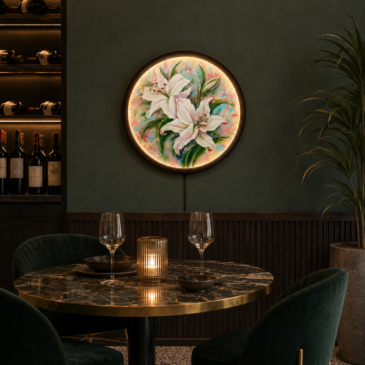 Elegant White Lily LED Round Wall Art – Illuminated Floral Wall Decor, Modern Botanical Hanging Light, Luxury Home Decor Gift