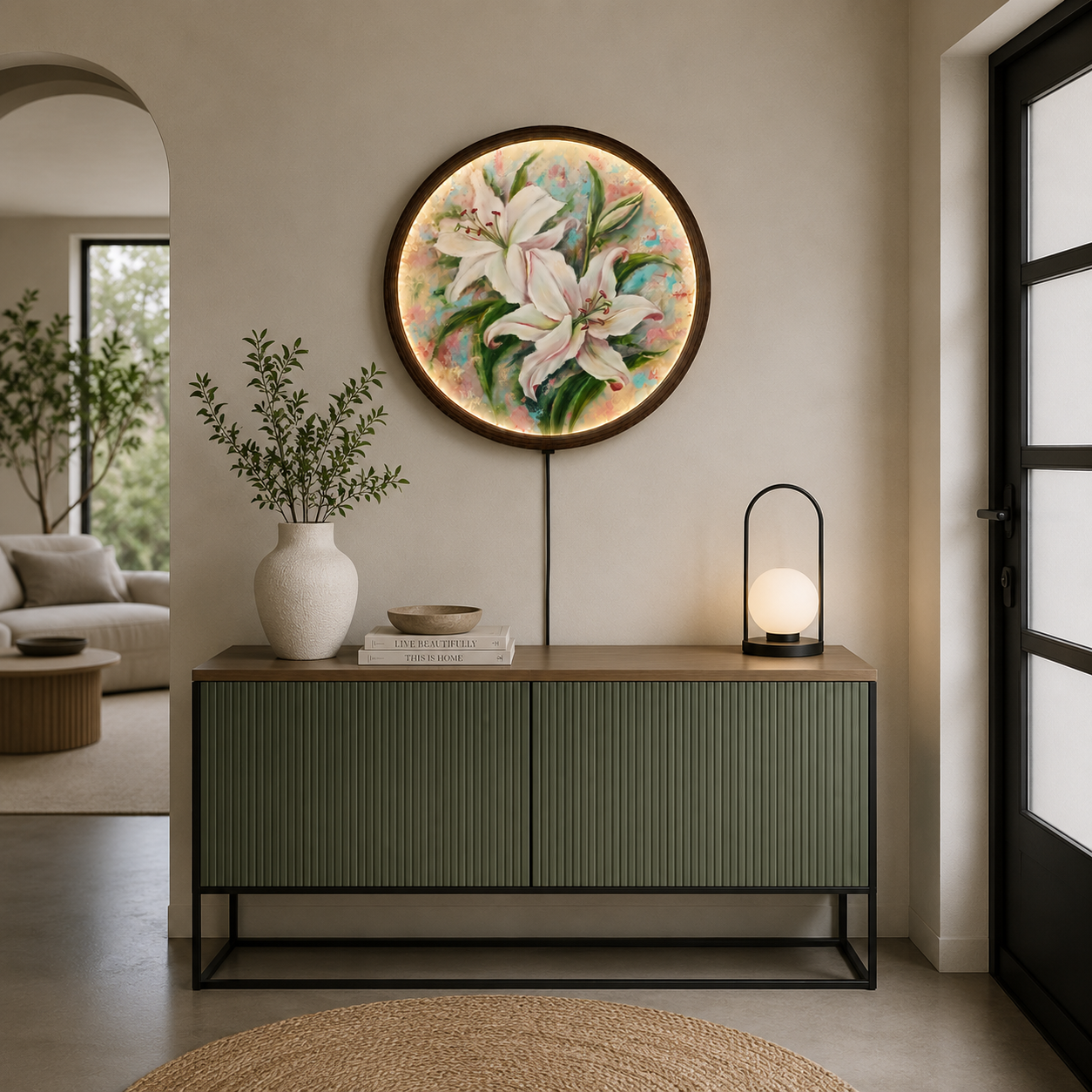 Elegant White Lily LED Round Wall Art – Illuminated Floral Wall Decor, Modern Botanical Hanging Light, Luxury Home Decor Gift