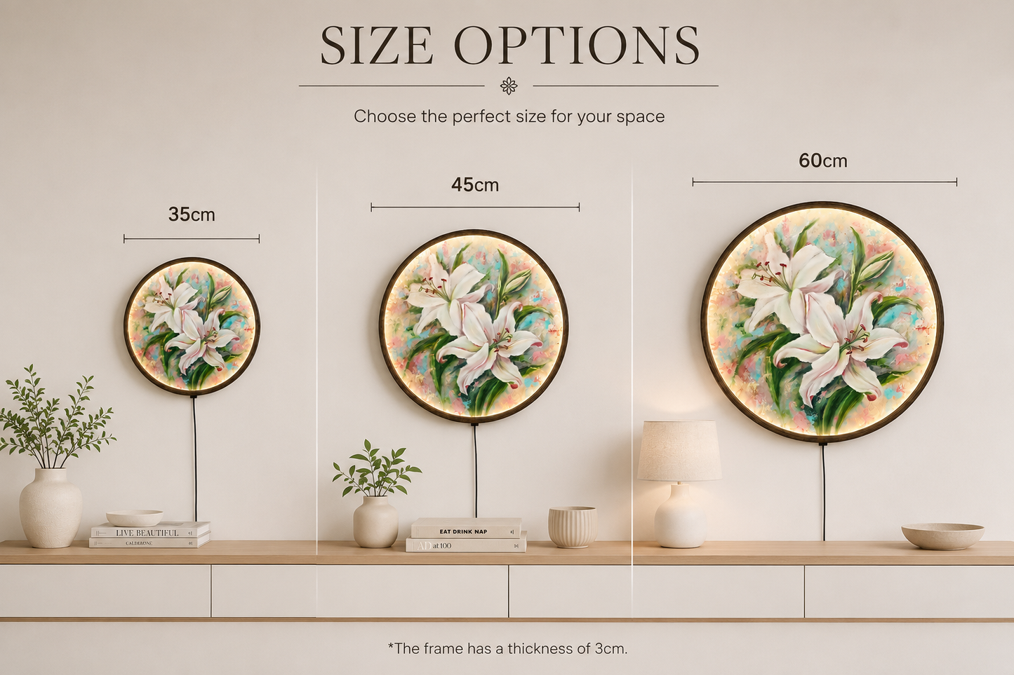 Elegant White Lily LED Round Wall Art – Illuminated Floral Wall Decor, Modern Botanical Hanging Light, Luxury Home Decor Gift