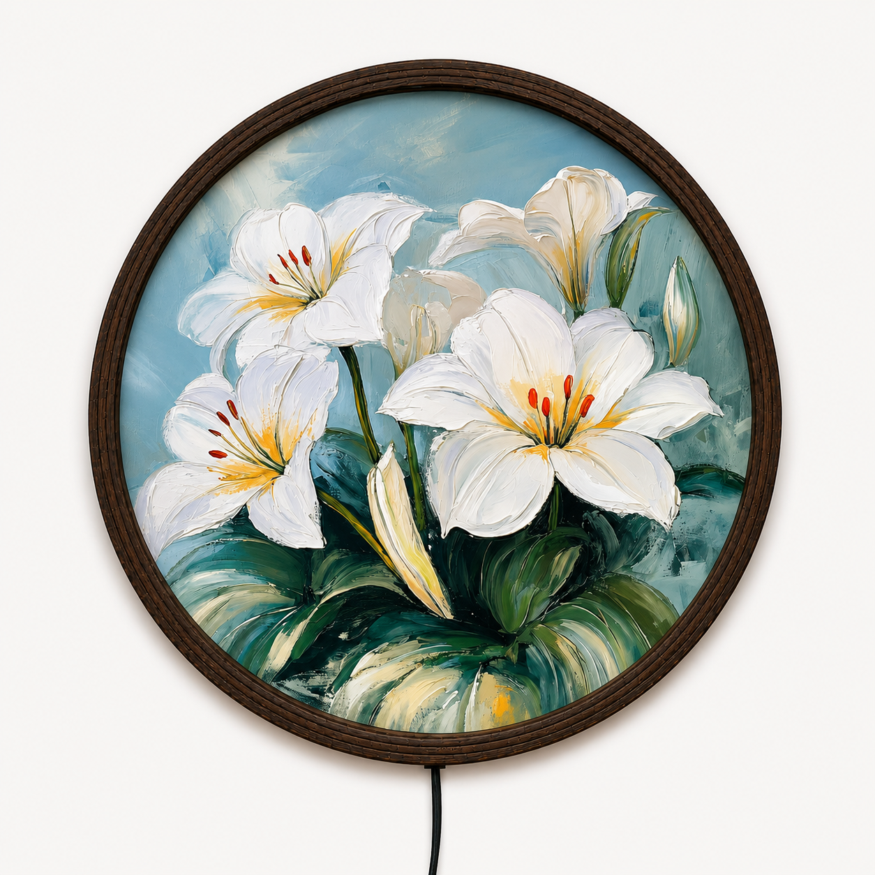 White Lily LED Round Wall Art – Illuminated Floral Canvas Wall Decor with Wooden Frame for Living Room & Bedroom