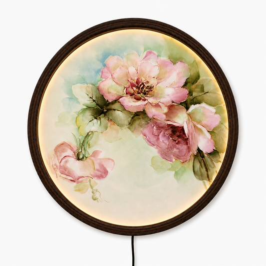 Pink Peony LED Round Wall Art – Floral Lighted Wall Decor with Wooden Frame for Living Room & Bedroom