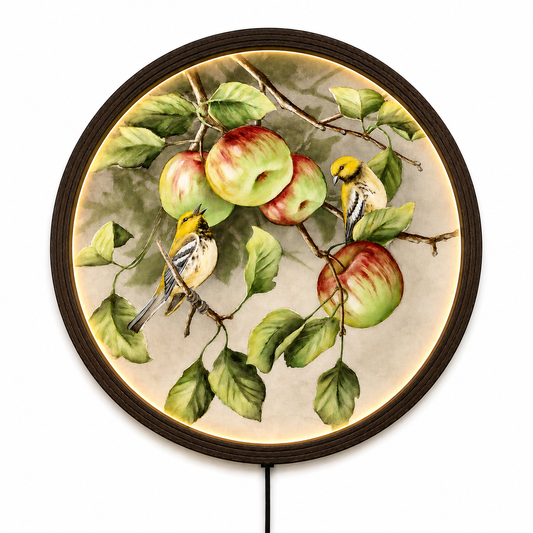 Vintage Apple Blossom & Golden Finch Round LED Wall Art – Rustic Farmhouse Illuminated Nature Decor