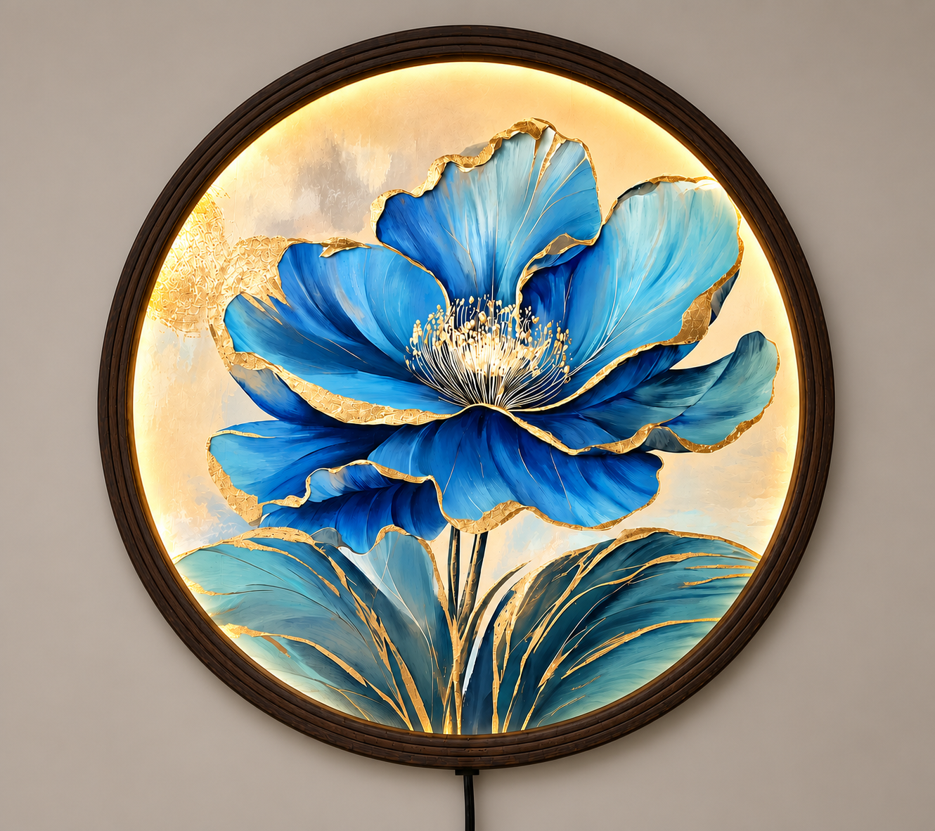 Blue Gold Floral LED Wall Art – Round Illuminated Flower Wall Decor with Wooden Frame | Modern Home Decor