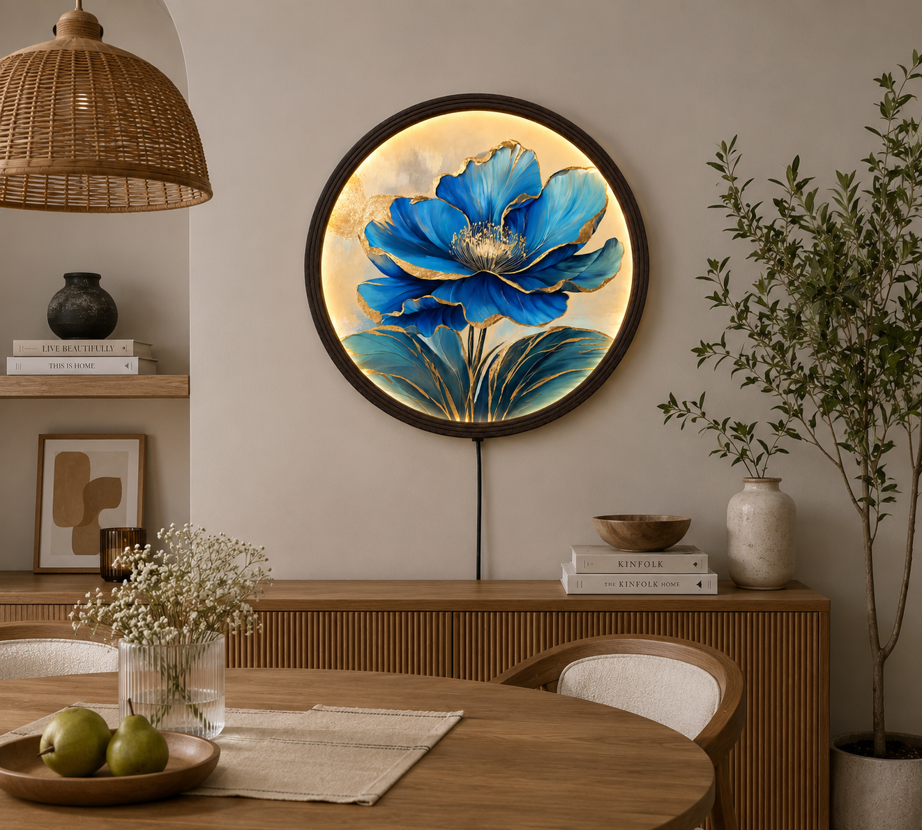 Blue Gold Floral LED Wall Art – Round Illuminated Flower Wall Decor with Wooden Frame | Modern Home Decor
