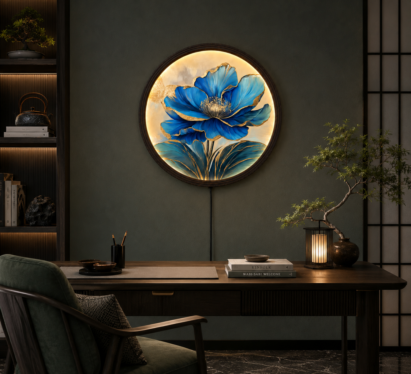 Blue Gold Floral LED Wall Art – Round Illuminated Flower Wall Decor with Wooden Frame | Modern Home Decor